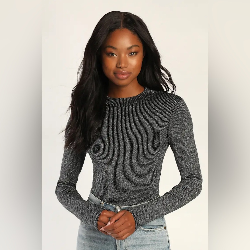 Lulus Make It Shine Black Sparkly Long Sleeve Bodysuit